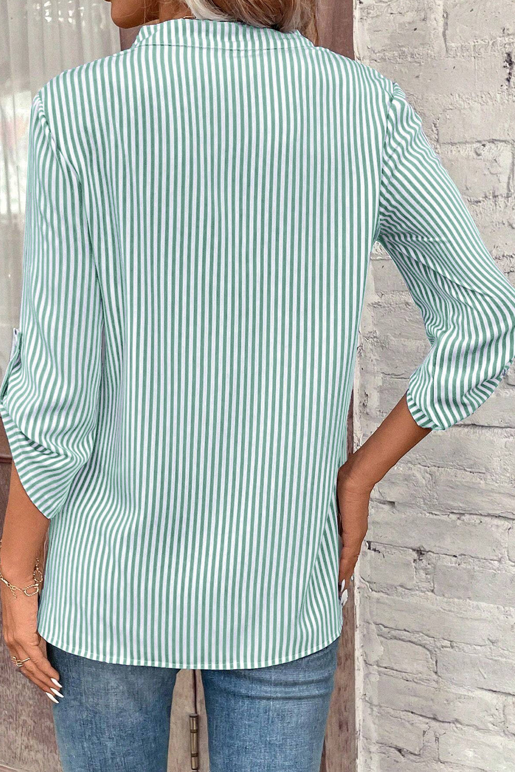 Green Stripe V Neck Roll Up Sleeve Pocket Patched Classic Shirt eAura