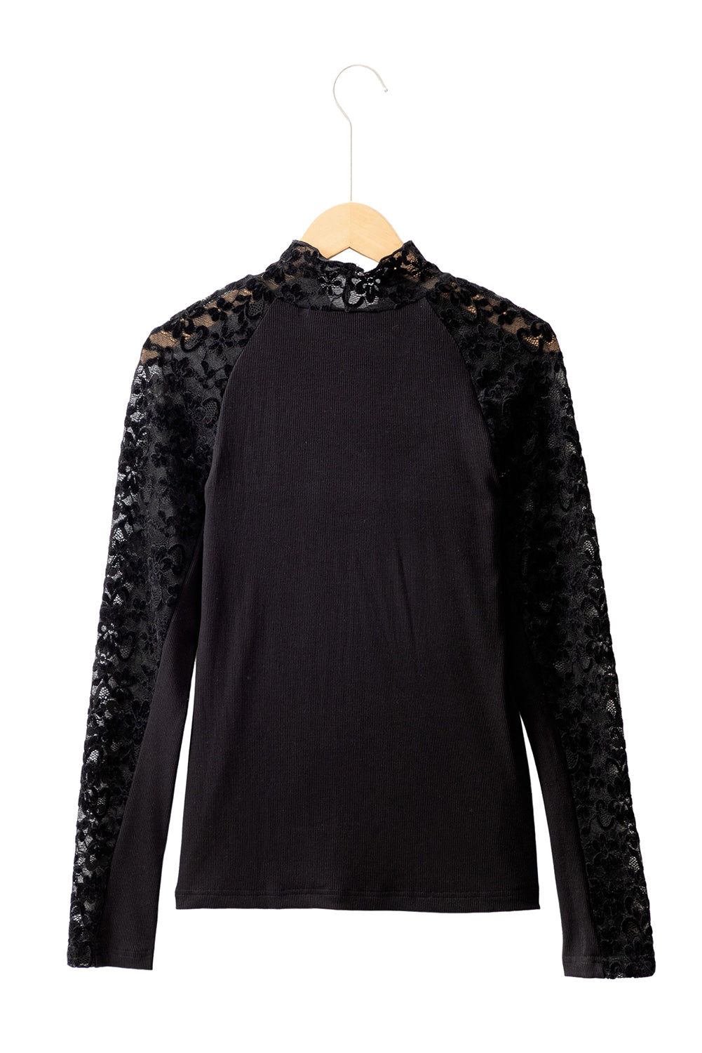 Black Floral Lace Patchwork Long Sleeve High Neck Slim Top eAura