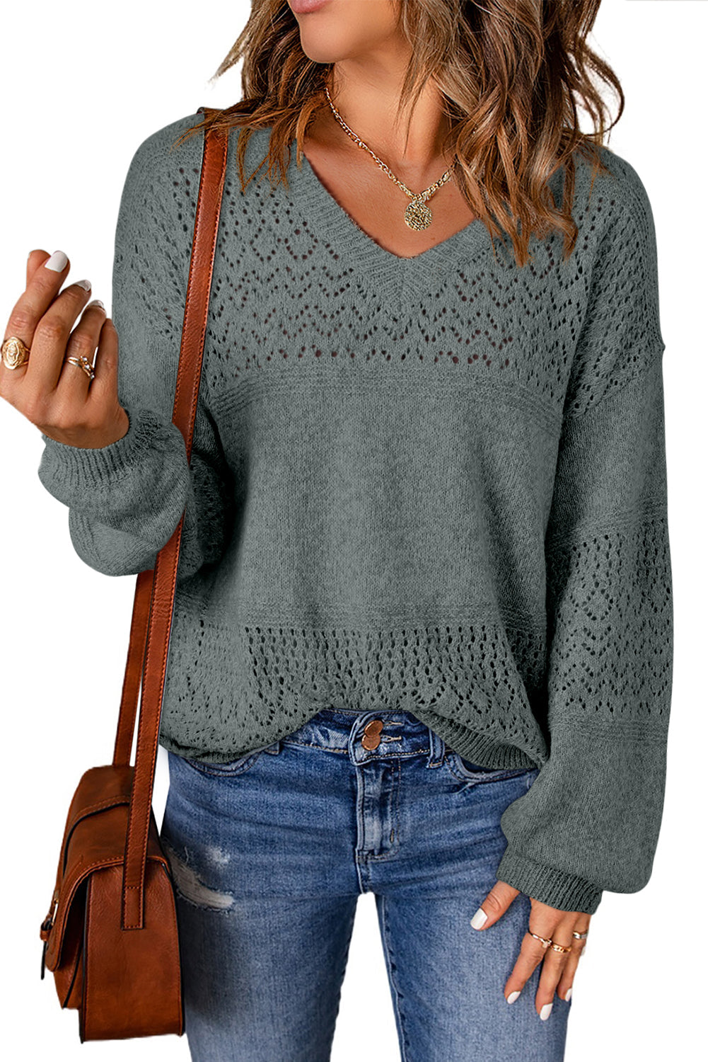 Black Eyelet Pattern Detail V Neck Drop Shoulder Sweater eAura