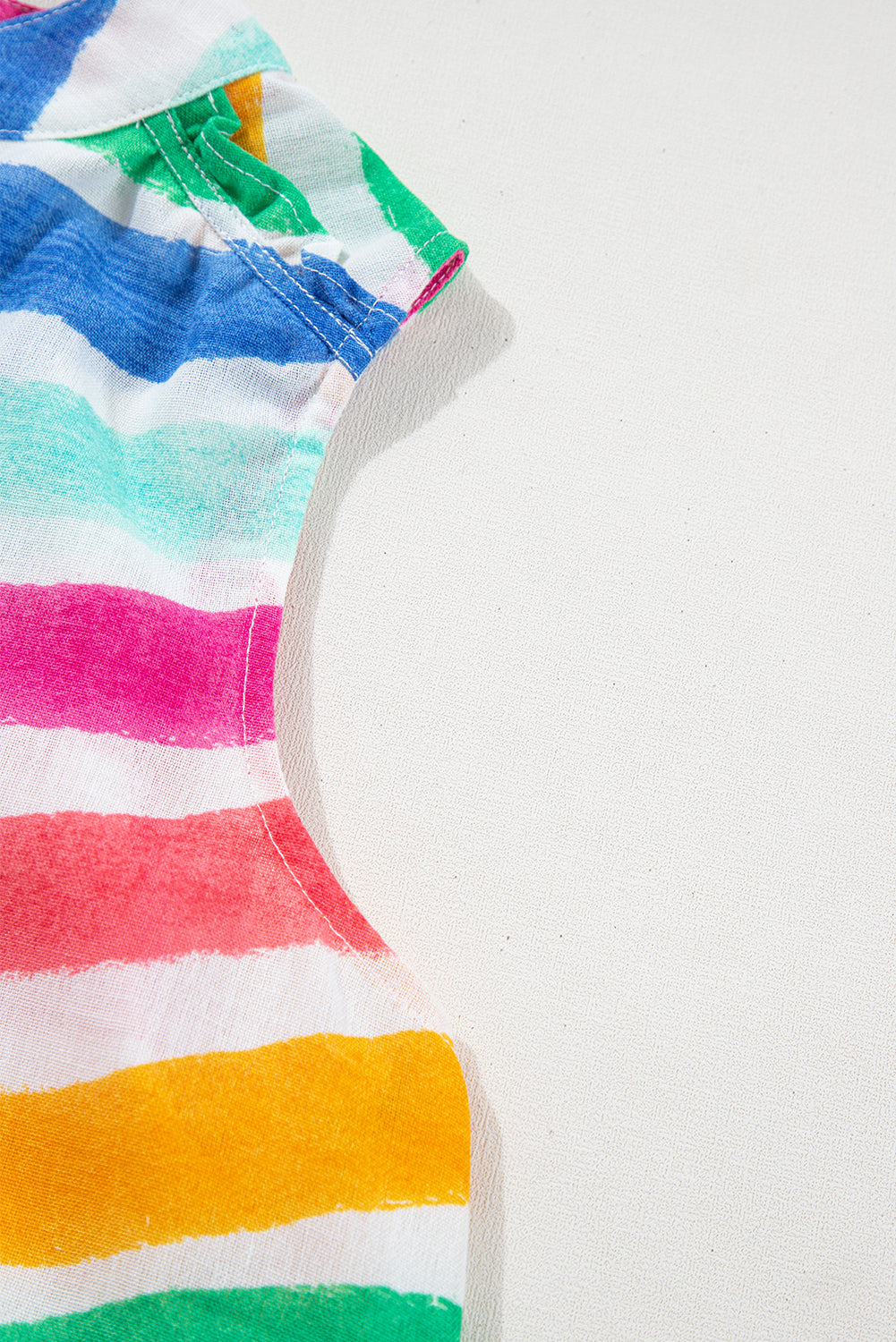 Rainbow Striped Ruffled Hem Drawstring V Neck Sleeveless Top eAura