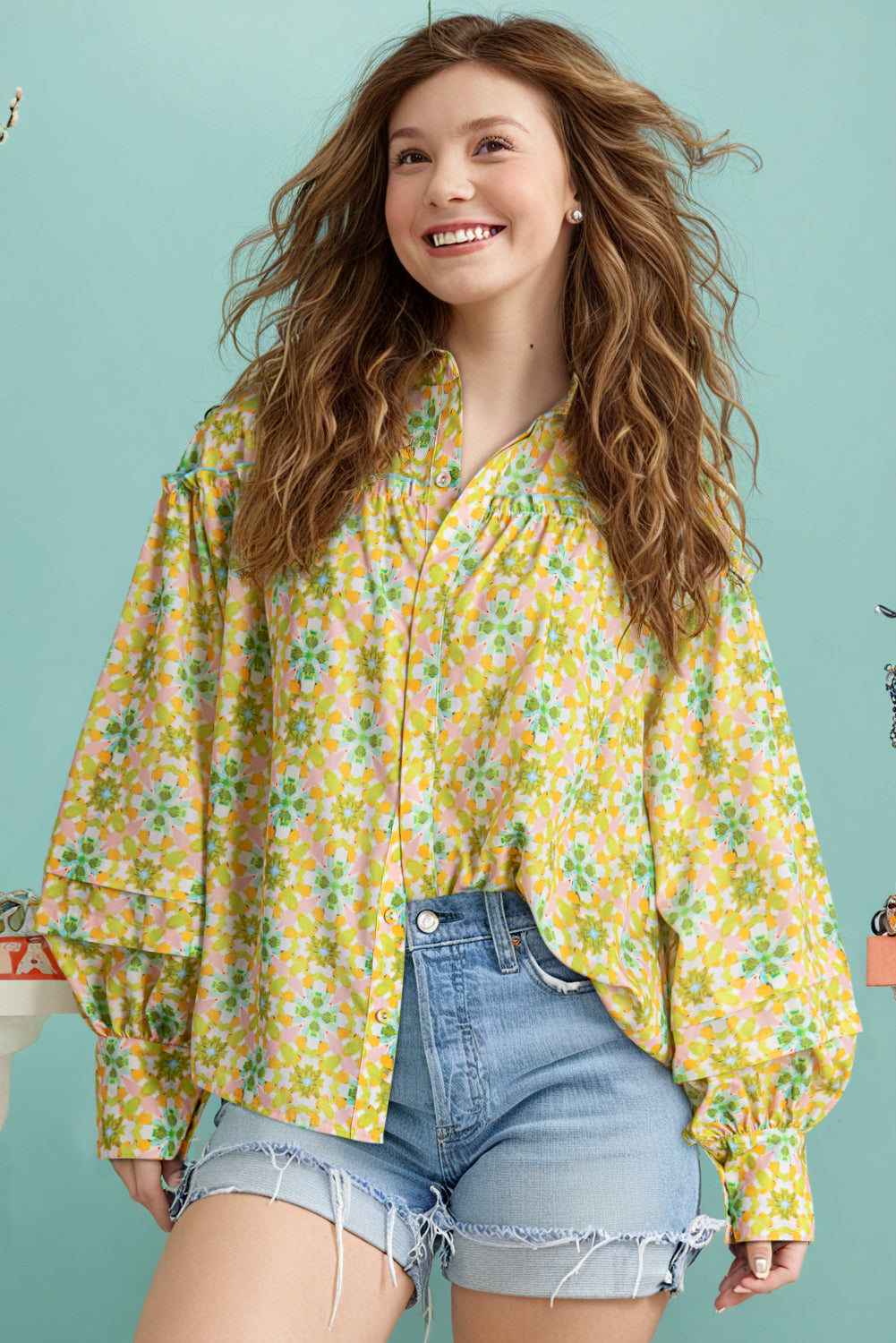 Green Boho Floral Print Frilly Detail Puff Sleeve Shirt eAura