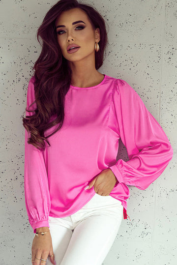 Pink Satin Puff Long Sleeve Crewneck Blouse eAura