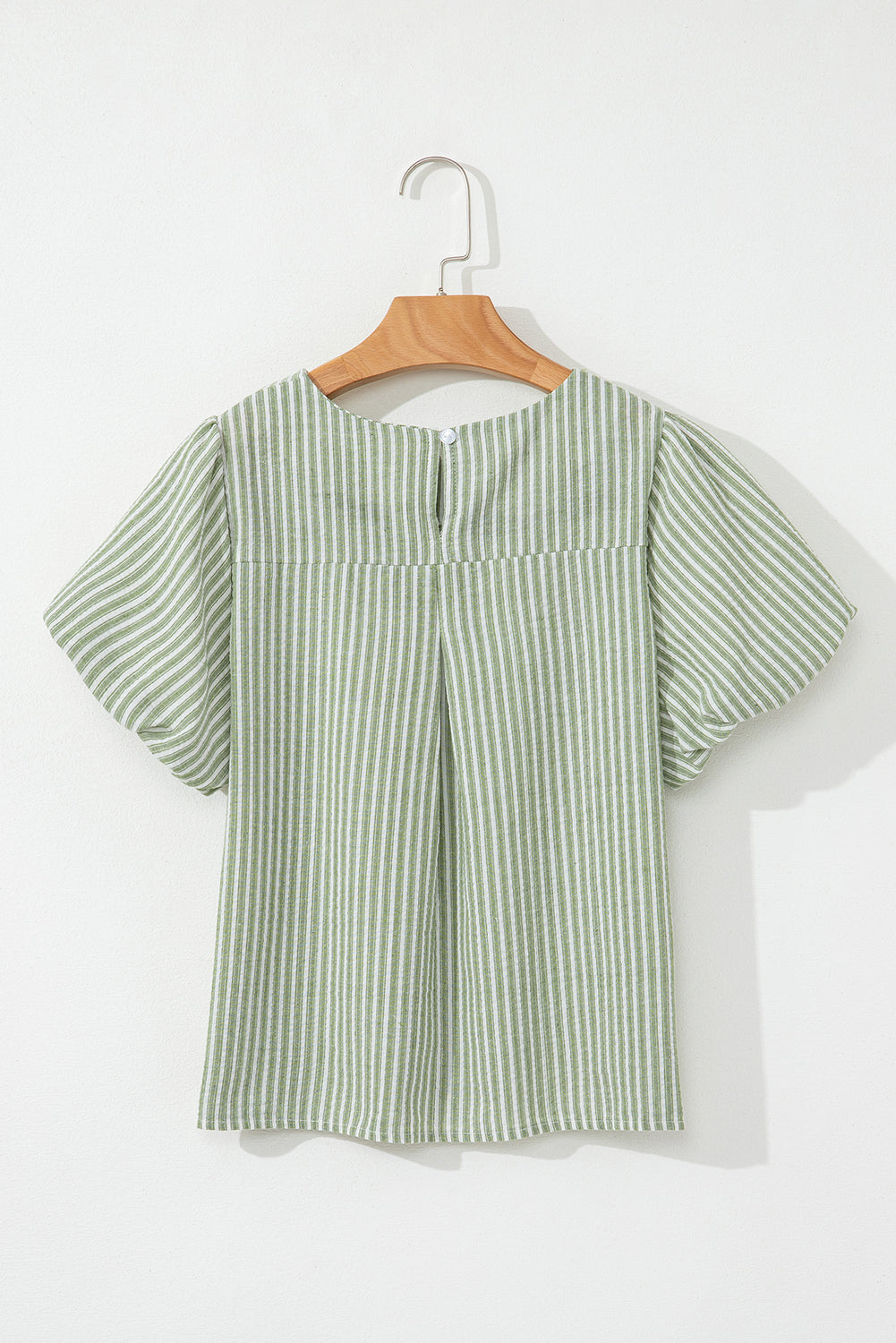 Green Stripe Textured Round Neck Short Puff Sleeve Blouse eAura