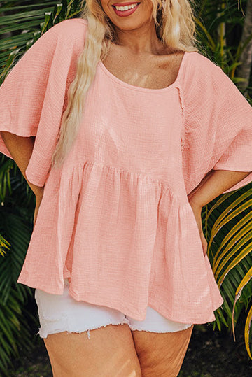 Apricot Pink Plus Size Textured Wide Short Sleeve Babydoll Blouse BB Fashion Outlet