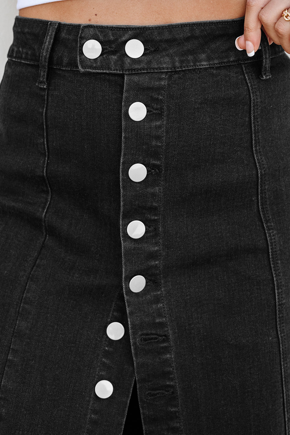 Black Button Fly Side Split High Waist Denim Midi Skirt eAura