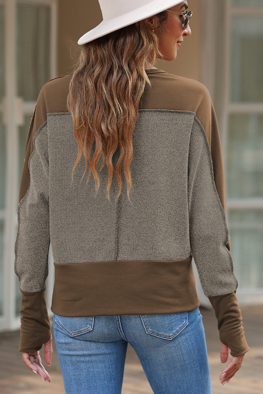 Brown Contrast Patchwork Thumbhole Sleeve Top eAura