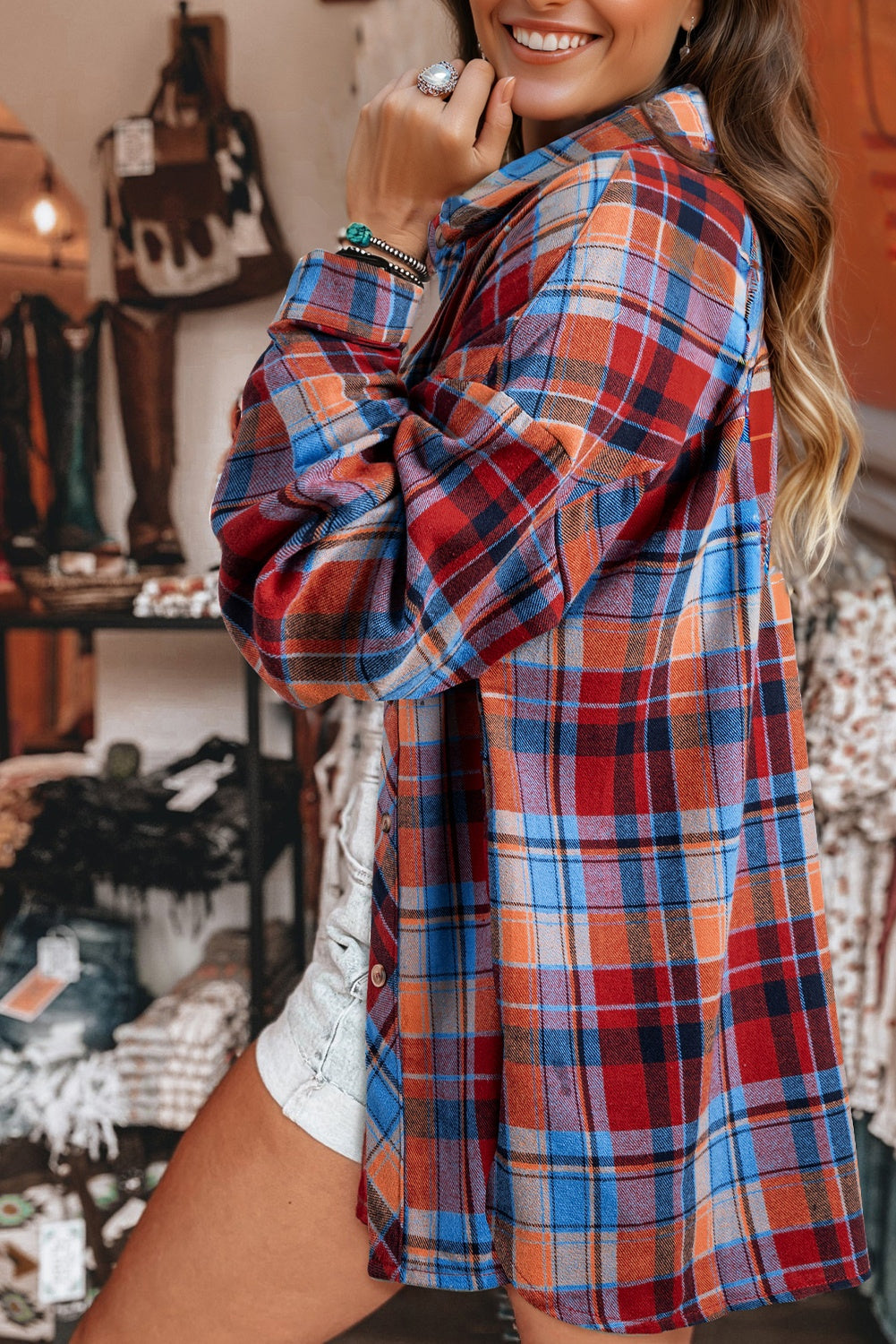Red Plaid Print Loose Vintage Shirt eAura