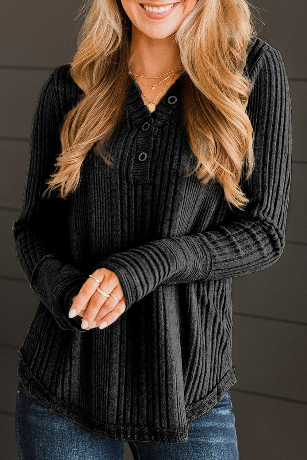 Black V Neck Buttoned Ribbed Knit Top eAura
