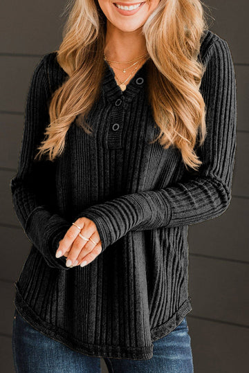 Black V Neck Buttoned Ribbed Knit Top eAura
