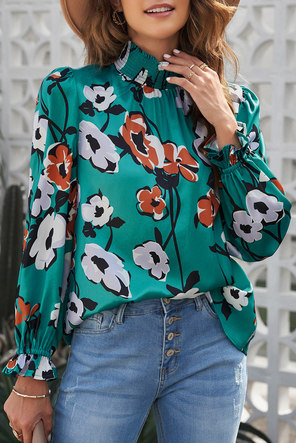 Floral Print Smocked Mock Neck Blouse eAura
