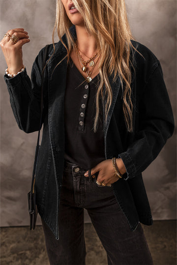 Black Side Pockets Lapel Collar Denim Jacket eAura
