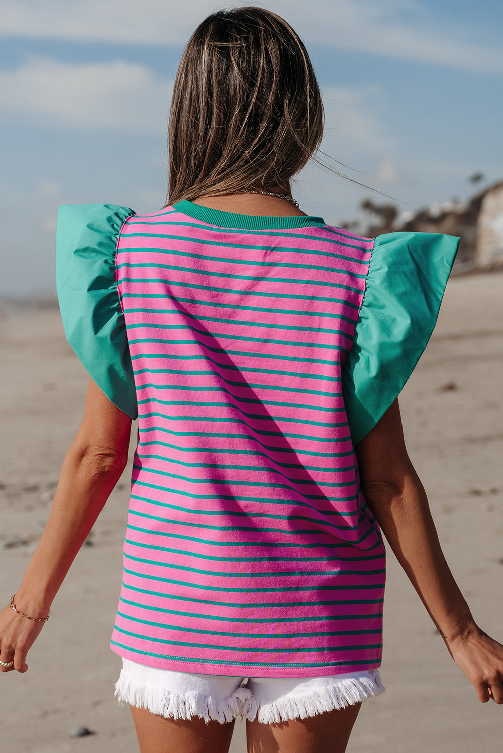 Pink Stripe Colourblock Ruffled Sleeve Crew Neck Blouse eAura