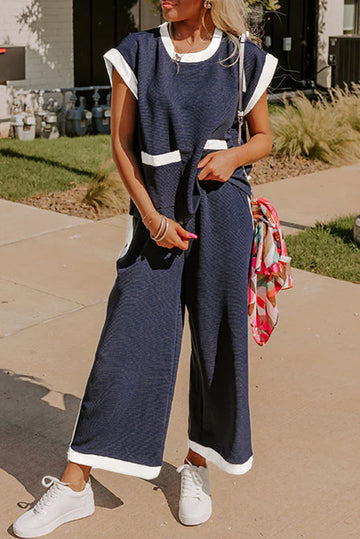 Navy Pocket T Shirt and Wide Leg Trousers Set Co-ord eAura