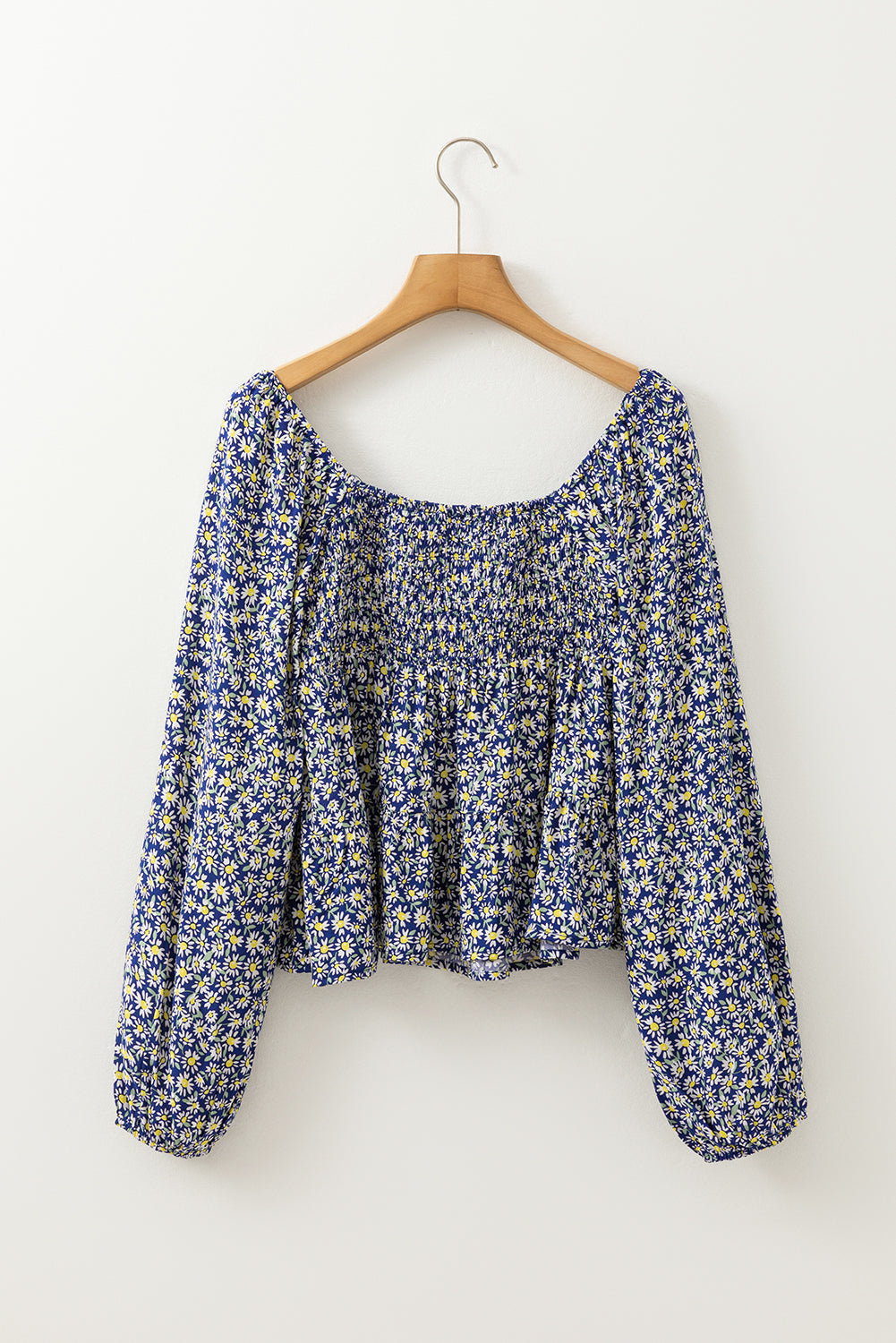 Blue Boho Floral Print Smocked Square Neck Loose Fit Blouse eAura