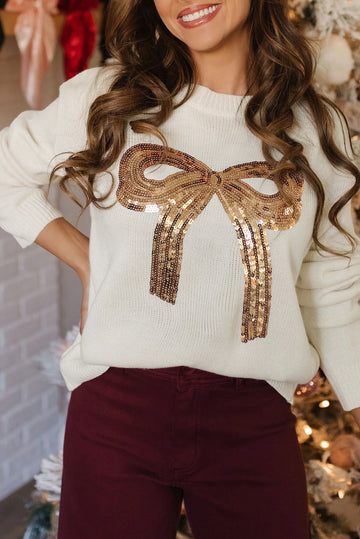 Sequinned Bow Graphic Christmas Sweater - eAura