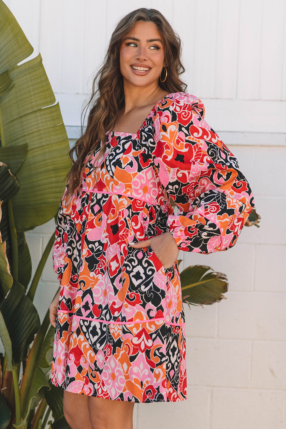 Pink Bohemian Square Neck Puff Sleeve Mini Dress eAura