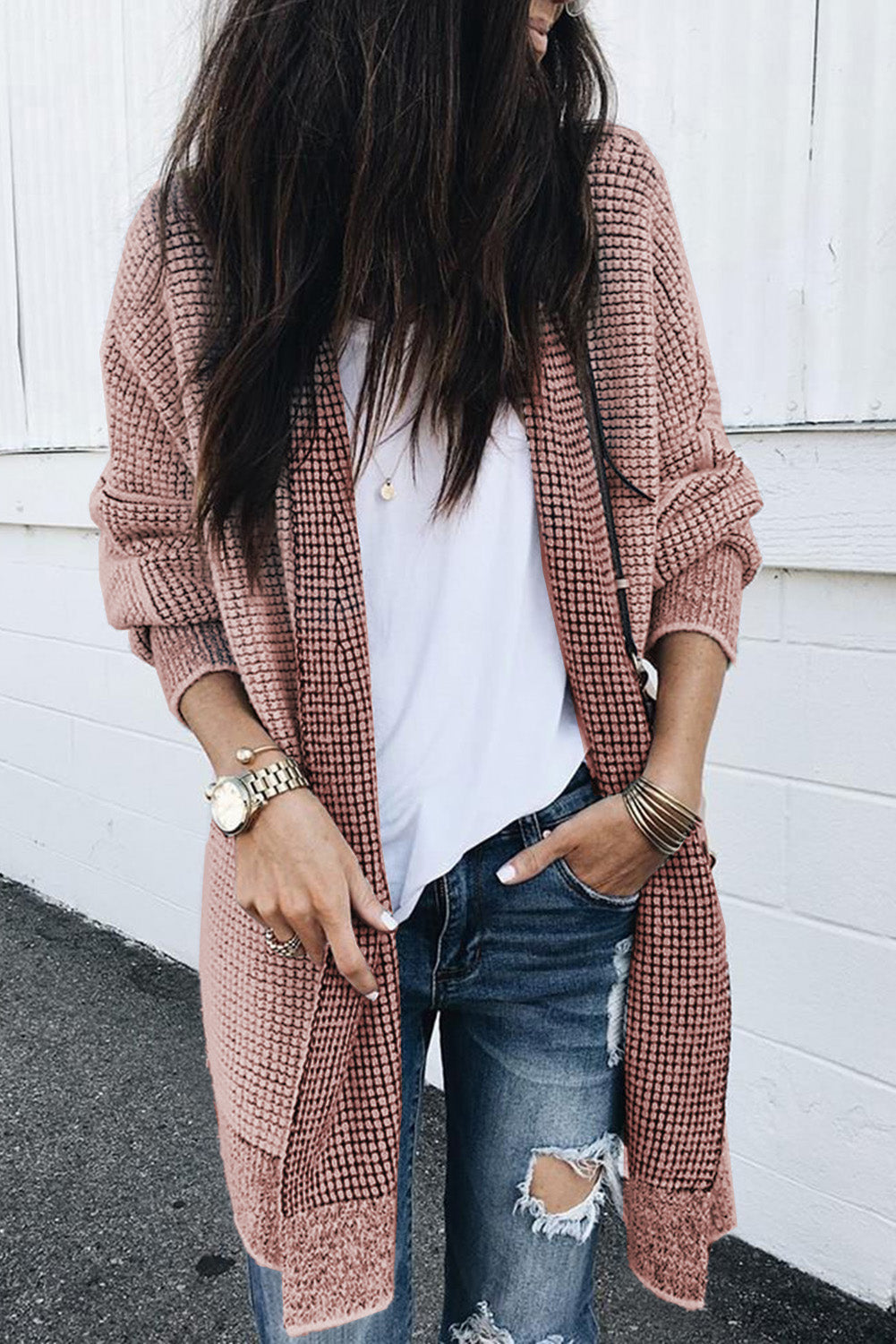 Apricot Plaid Knitted Long Open Front Cardigan eAura