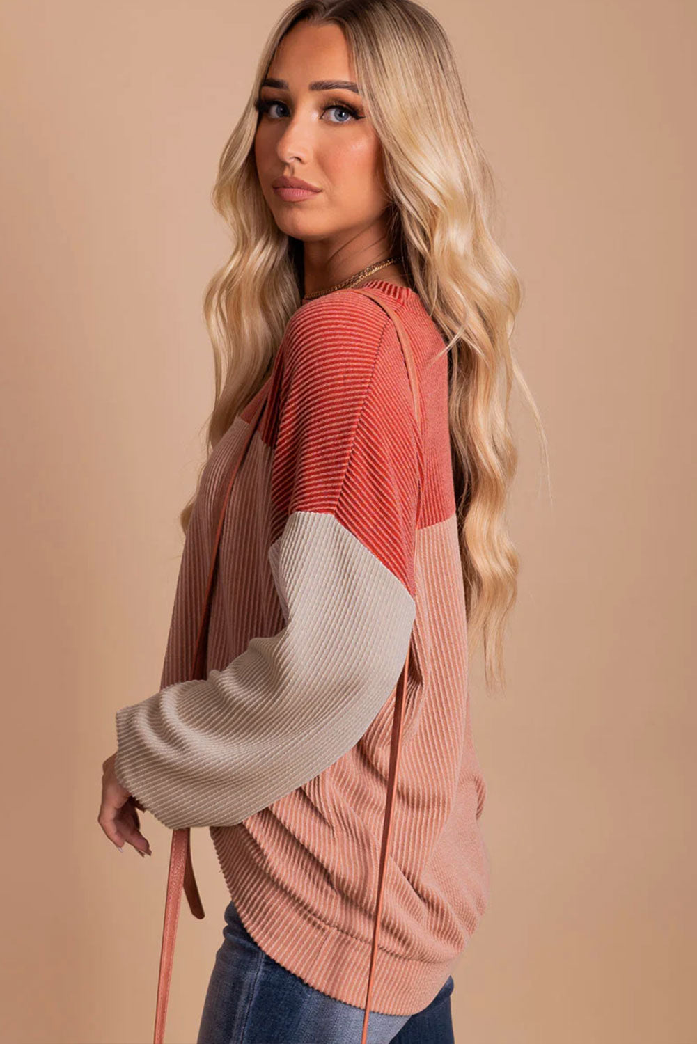 Pink Colour Block Long Sleeve Ribbed Loose Top eAura