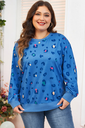 Sky Blue Leopard Ribbed Edge Drop Shoulder Pullover Sweatshirt BB Fashion Outlet