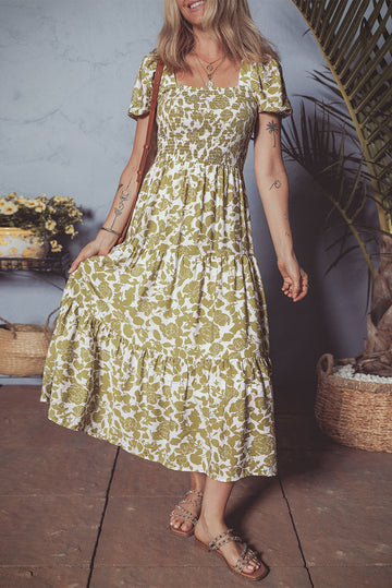 Floral Square Neck Smocked Bust Puff Sleeve Tiered Maxi Dress eAura