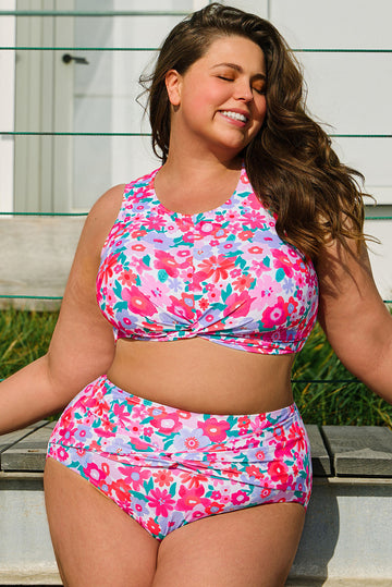 Rose Plus Size Floral Print Twisted High Waist Bikini Set BB Fashion Outlet