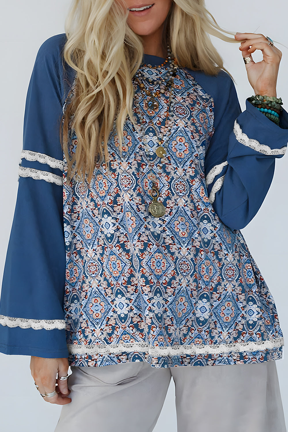 Blue Geometric Printed Lace Patchwork Ric Rac Raglan Long Sleeve Top eAura