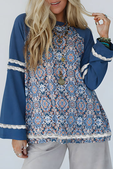 Blue Geometric Printed Lace Patchwork Ric Rac Raglan Long Sleeve Top eAura