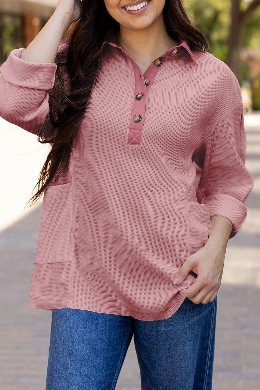 Pink Waffle Long Sleeve Collar Half Button Loose Top eAura