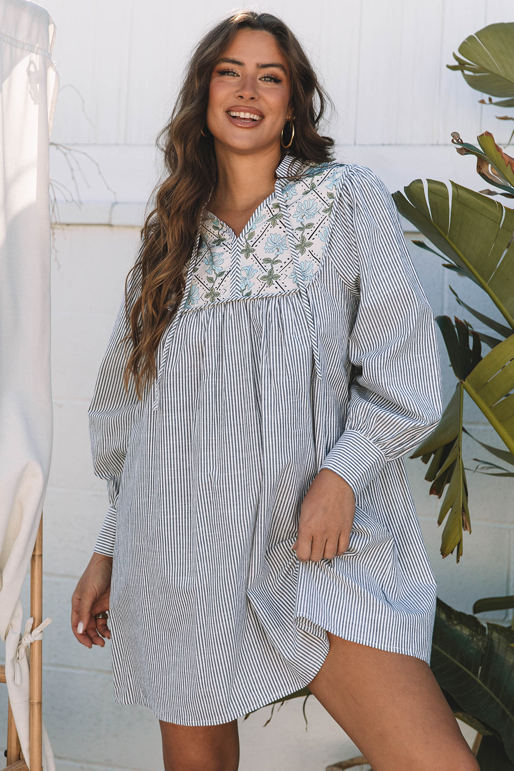 Black Stripe Floral Patchwork Tied V Neck Shift Long Sleeve Mini Dress eAura