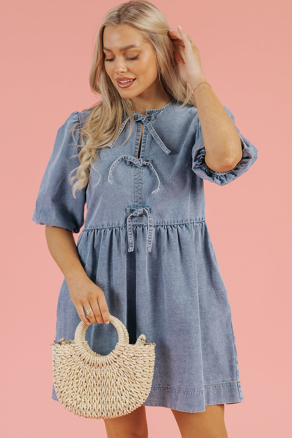 Dusk Blue Bowknot Bubble Sleeve Short Denim Dress eAura