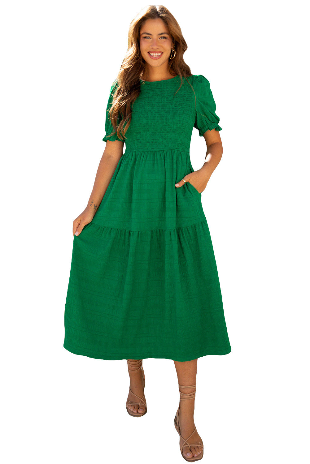 Dark Green Puff Short Sleeve Textured Tiered Maxi Dress eAura