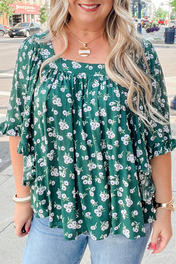 Green Floral Print Square Neck Ruffled Trim Plus Size Blouse BB Fashion Outlet