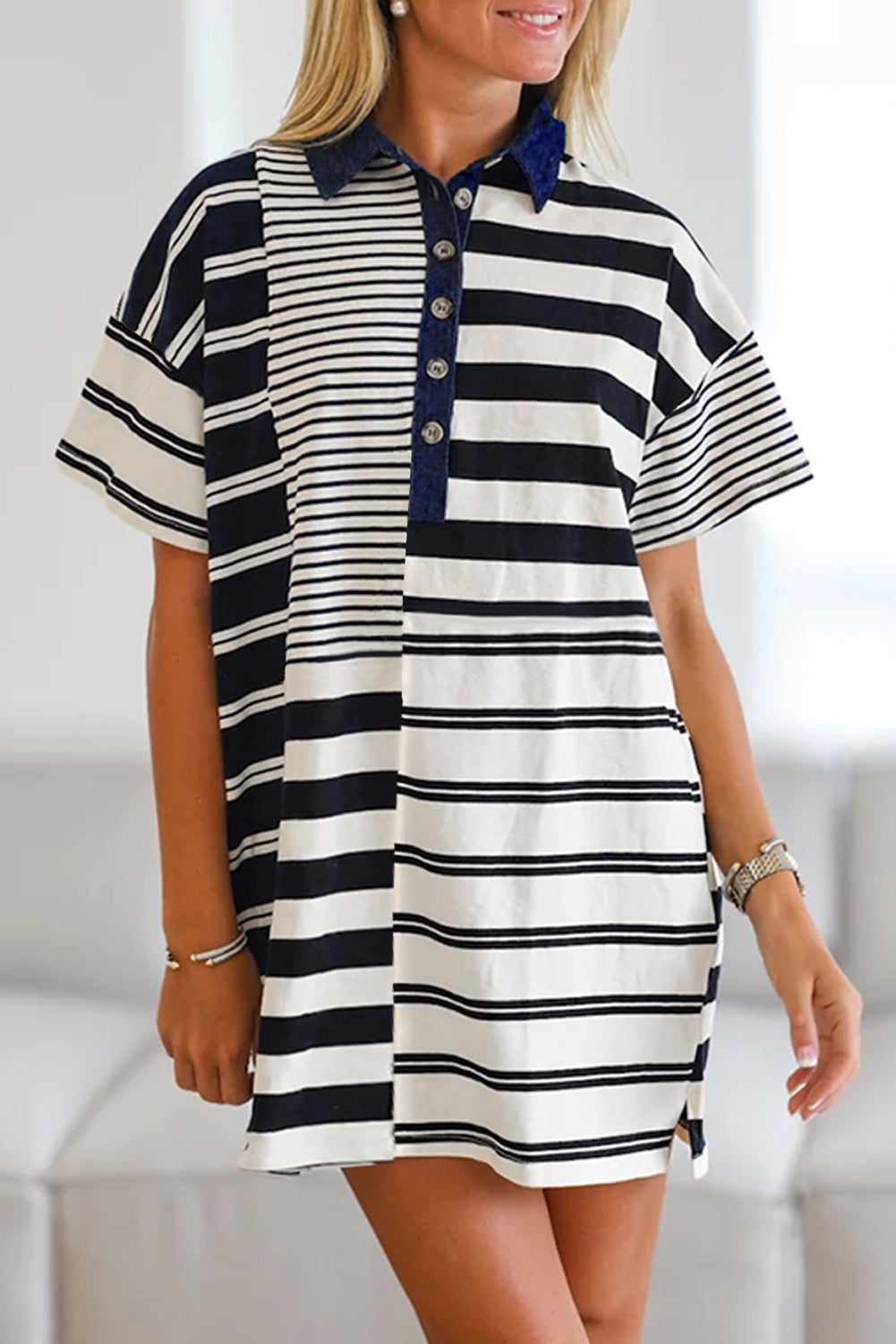 Black Stripe Half Placket Polo T Shirt Dress eAura