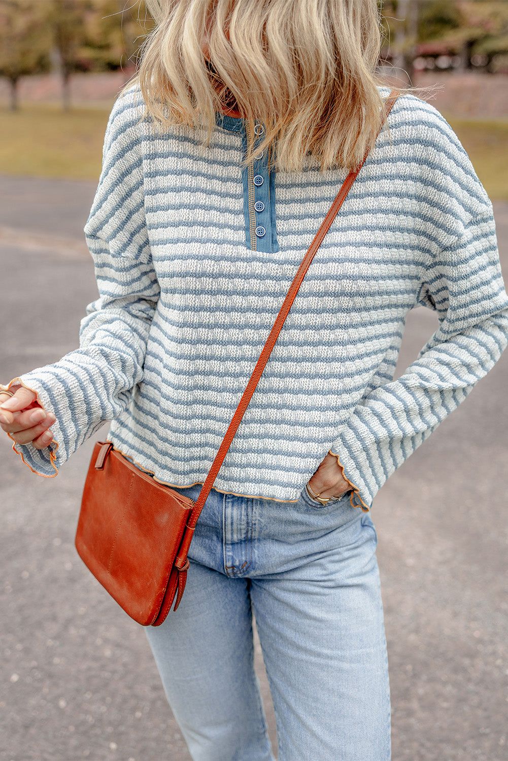 Sky Blue Stripe Textured Frilly Trim Buttons Henley Long Sleeve Top eAura