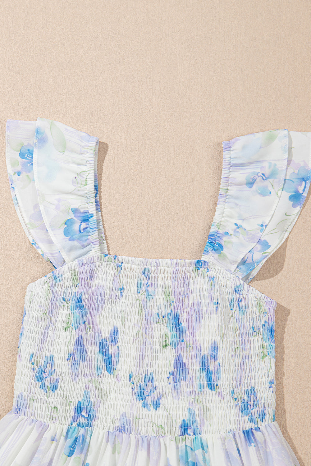 Sky Blue Floral Smocked Ruffle Sleeveless Maxi Dress eAura