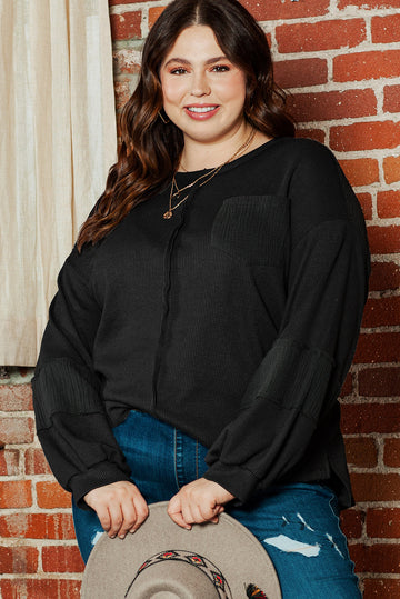 Black Plus Size Exposed Seam Crinkle Patchwork Top BB Fashion Outlet