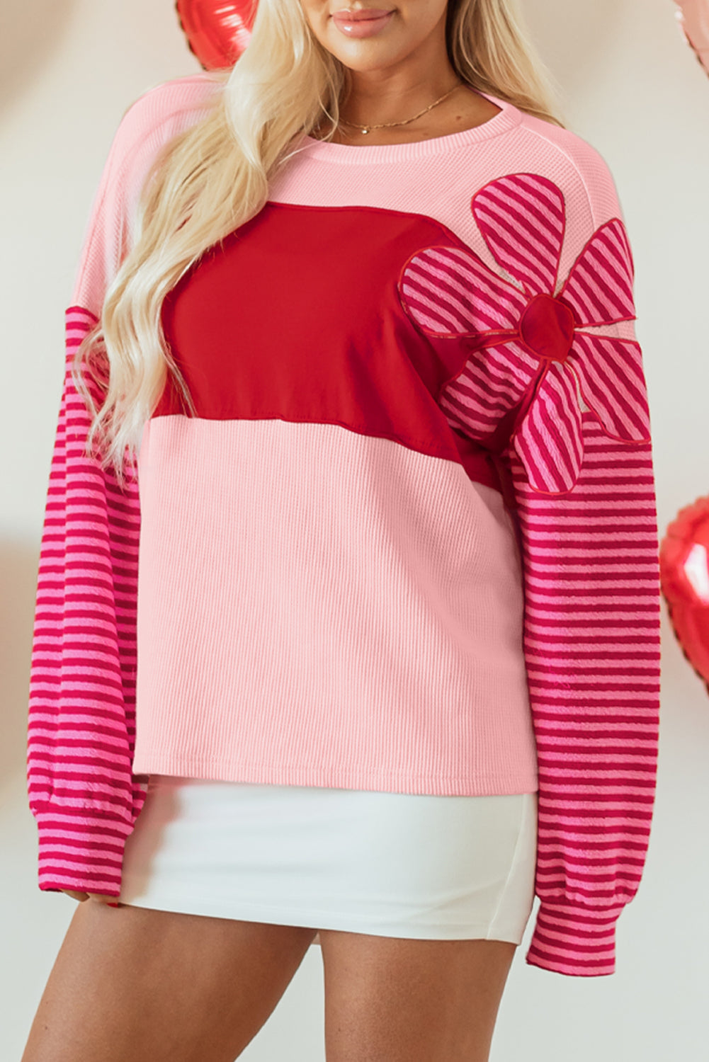 Pink Floral Patch Colour Block Striped Sleeve Textured Top eAura