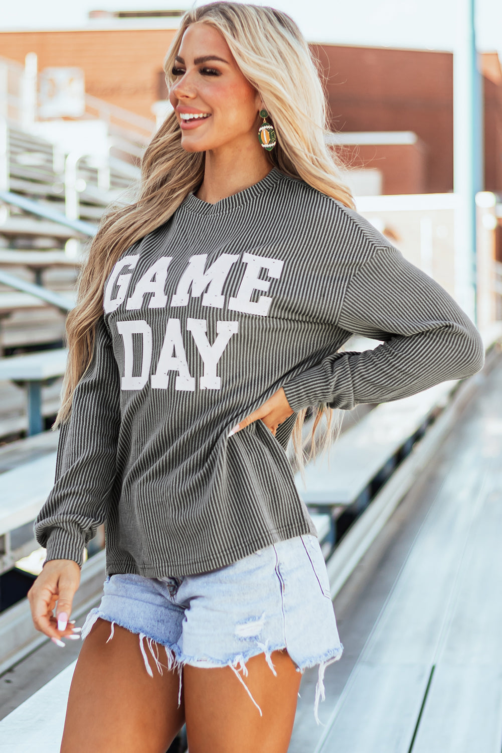 Bluing Ribbed GAME DAY Graphic Long Sleeve Crewneck Top eAura