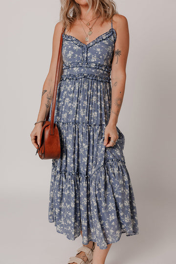 Blue Floral Spaghetti Strap Frilled V Neck Tiered Midi Dress eAura