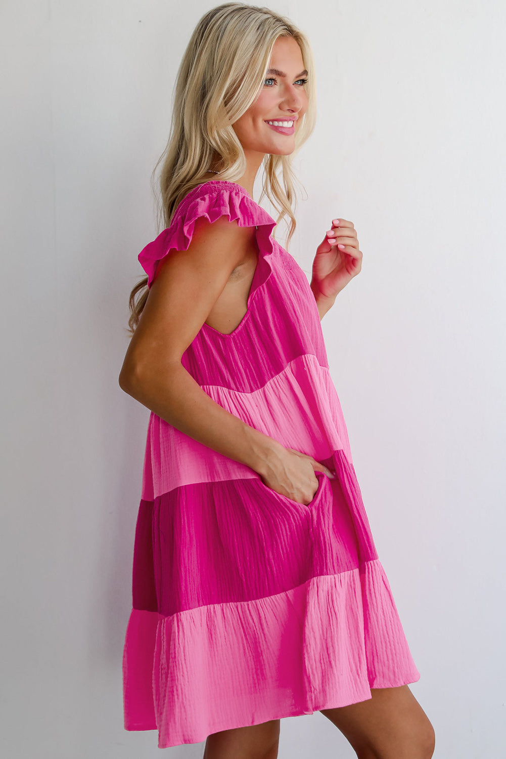 Pink Crinkled Colourblock Patchwork Flutter Tiered Mini Dress eAura