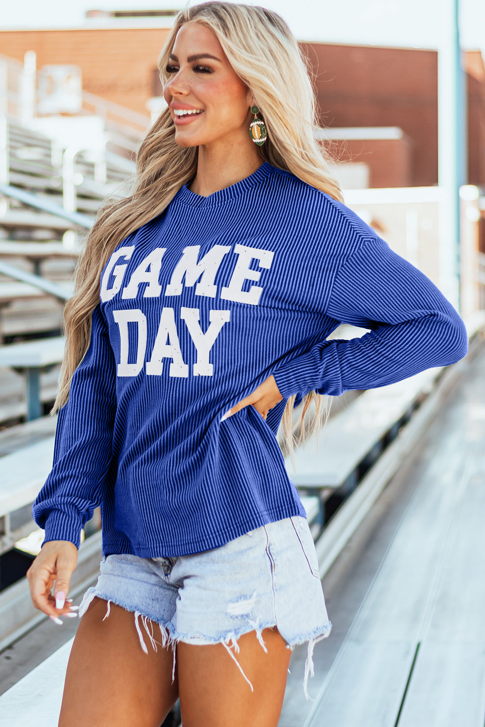 Bluing Ribbed GAME DAY Graphic Long Sleeve Crewneck Top eAura