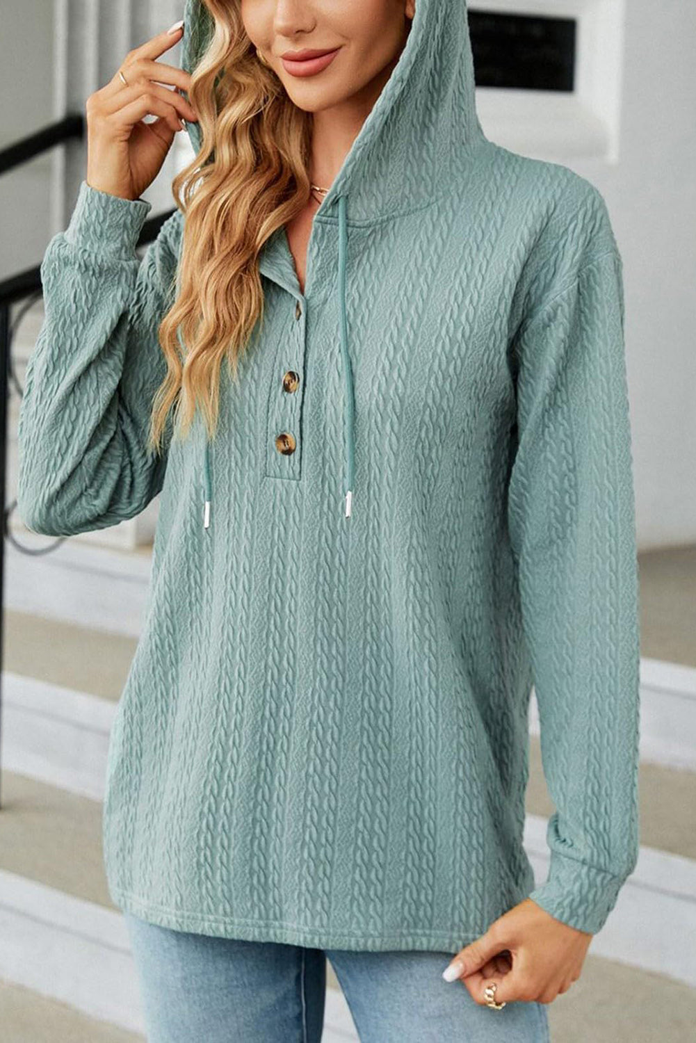 Mint Green Button Front Textured Drawstring Hooded Long Sleeve Top eAura