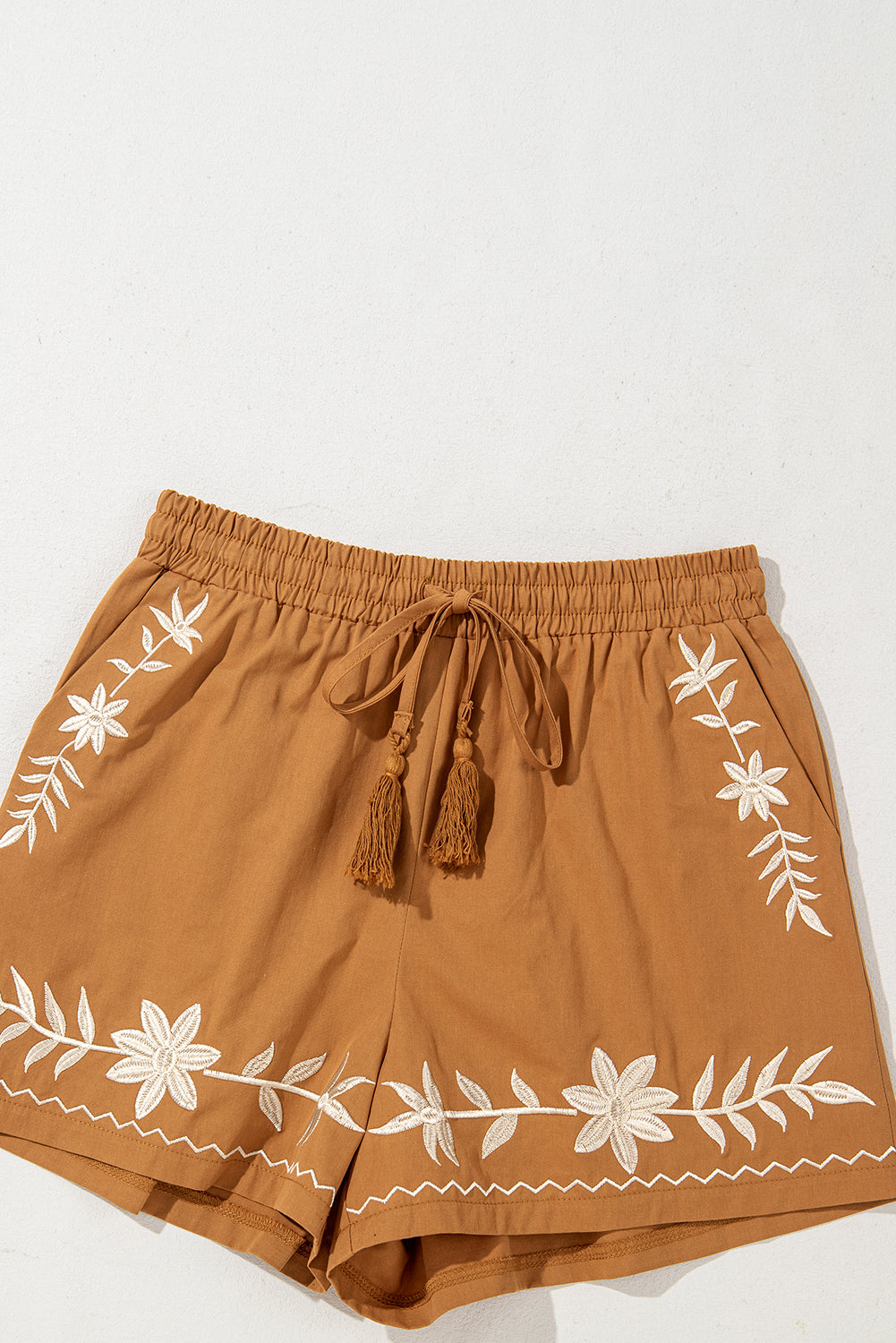 Embroidered Boho Tasseled Drawstring Elastic Waist Casual shorts eAura