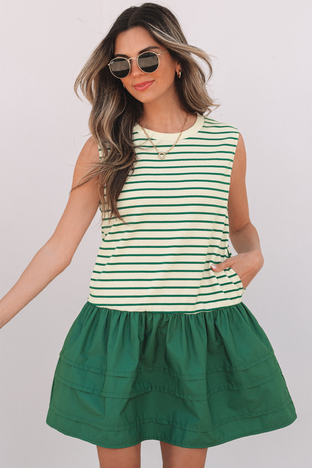Green Stripe Woven Ruffled Sleeveless Mini Dress eAura