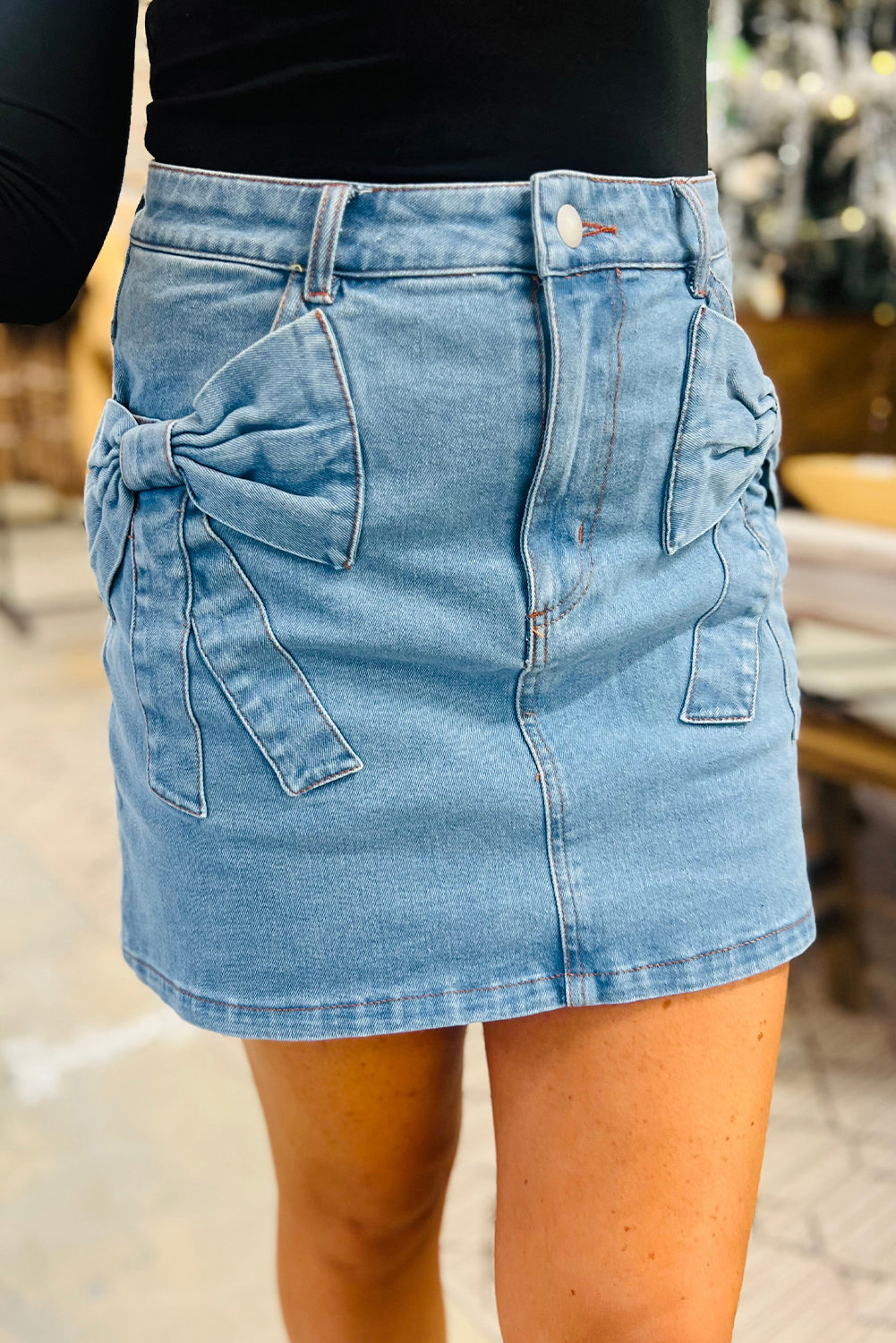 Dusk Blue Acid Wash Bowknot Details High Waist Denim Skirt eAura
