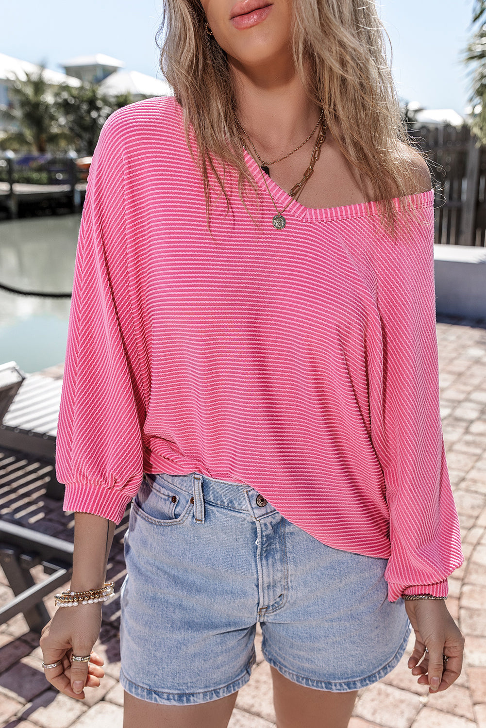 Strawberry Pink Striped Print Bracelet Sleeve V Neck Top eAura