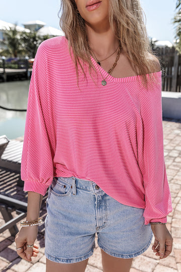 Strawberry Pink Striped Print Bracelet Sleeve V Neck Top eAura