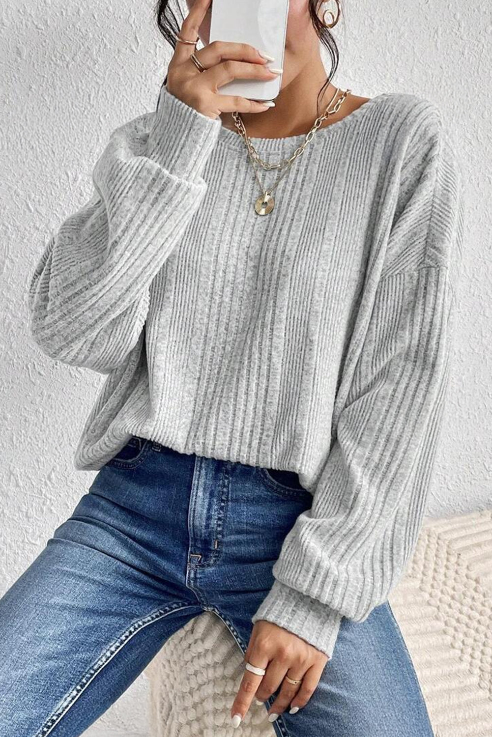 Light Grey Textured Crossover Backless Knit Long Sleeve Top eAura