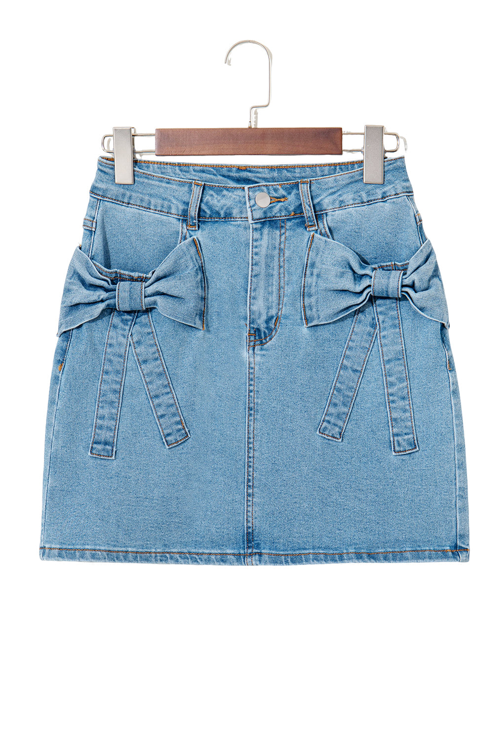 Dusk Blue Acid Wash Bowknot Details High Waist Denim Skirt eAura