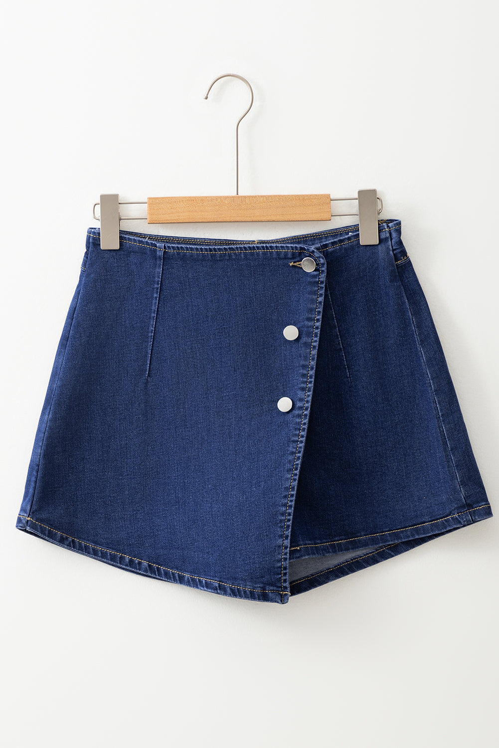 Bluing Asymmetric Wrapped Buttoned High Waist Denim Shorts eAura